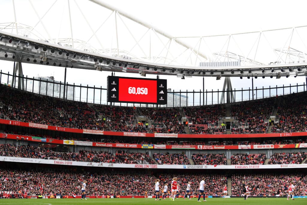 LONDON, ENGLAND - MARCH 03: A general view as the LED Screen displays the match attendance of "60, 050" during the Barclays Women's Super League match between Arsenal FC and Tottenham Hotspur at Emirates Stadium on March 03, 2024 in London, England. (Photo by Alex Burstow/Arsenal FC via Getty Images)
